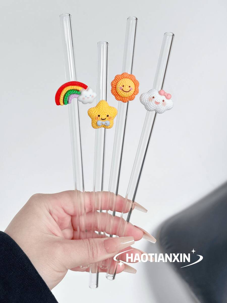 1pc Cartoon Sky Design Reusable Glass Straw, Transparent Smoothie, Bubble Tea, Juice, Milk, Cocktail Drinking Straw For Cold Beverages, Party