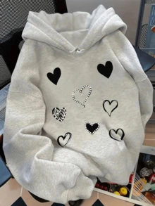 Sudadera hoodie sweatshirt dama mujer gorro capucha manga larga estampado corazones imitación diamante perla otoño invierno - Gris Claro - Ver 1