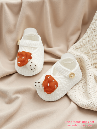 1 Pair Infant Mary Jane Shoes With Cartoon Mushroom Design, White, 0-12 Months, Button Closure