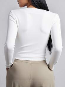 Suéter tejido para mujer estilo elegante oficina color sólido tela acanalada elástica ajuste entallado cuello con solapa manga larga otoño trabajo versátil - Blanco - Ver 2