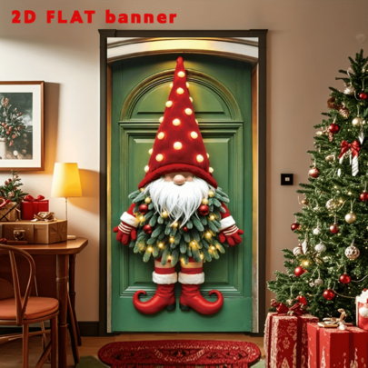 2D flaches Weihnachts-Türbanner, Design mit gesichtslosem Zwerg - Aus strapazierfähigem Polyester, einfach als Vordertür-Dekoration in der Ferienzeit aufzuhängen