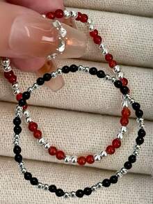 Bracelet en perles d'agate rouge en argent sterling 925, doux et polyvalent, léger et minimaliste. Le rouge rehausse l'élégance. Excellent cadeau pour les amis