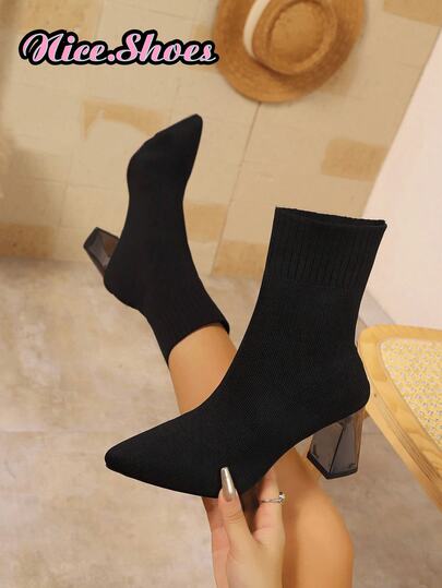 Women's 2025 New Thick Heel Pointed Toe Boots, Elastic Slim Fit Boots, Sock Boots, High Heel Short Boots, Strap, Black Warm Boots, High Heel Mid-Calf Thick Heel Boots, Comfortable Fashion Pointed Toe High Heel Shoes, Casual Elegant Boots, Black Boots, Red Boots, Brown Boots, Coffee Boots