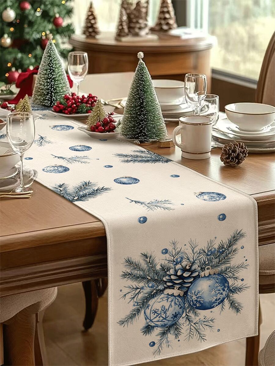 1 Stück blauer Weihnachtsball Tischläufer, Weihnachtsbaum Leinen-ähnlicher Tischläufer, 1 Stück Tischläufer, 4 Stücke Tischsets, 1 Stück Kissenbezug, 3 Produkte erhältlich, saisonale Innen-/Außendekoration für Zuhause, Winterdekoration für Zuhause, Weihnachtsdekoration, Weihnachtszimmer Dekoration, Weihnachtsparty Dekoration - Verschiedenfarbig - Übersicht 1