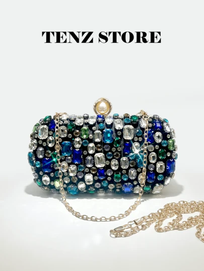 女士华丽闪亮水晶手拿包，配珍珠扣，闪亮水钻晚宴包，百搭正装晚宴包，奢华氛围派对钱包，配长短链条，优雅婚礼舞会斜挎包，闪亮鸡尾酒会手提包，适合新娘、毕业典礼、正式活动、宴会、圣诞节