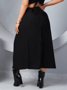 Women's Casual Black Long Skirt With Asymmetrical Hem And Side Slit In Non-Stretch Fabric - 黑色 - 查看 2