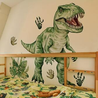 Pegatinas de pared con dinosaurios y plantas pintados a mano de estilo de dibujos animados, decoración para habitación de niños, decoración de pared para jardín de infantes, decoración de fondo de pared para sala de estar
