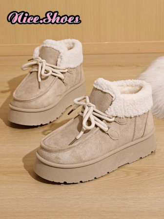 2025冬季复古短筒厚底女雪地靴，毛绒内衬保暖增高雪地靴，黑色和米色