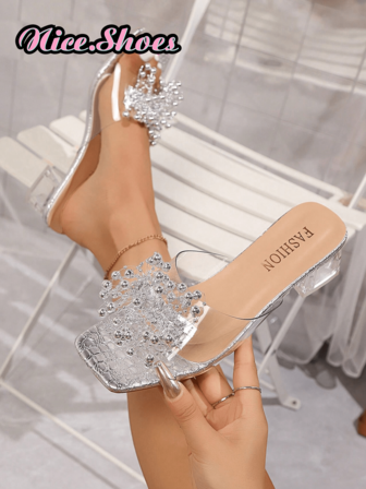 Sandalias de mujer de tacón grueso de cristal con estilo PVC, zapatos de vestir tipo mule con slip-on, sandalias de estilo de hadas con tacón alto y lazo, con adornos de perlas doradas/plateadas