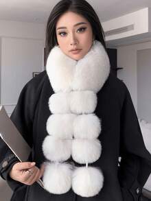 1pc Women Fluffy Scarf, Comfortable Thick Warm Neck Warmer, Versatile Pom Pom Scarf For Winter For Dress