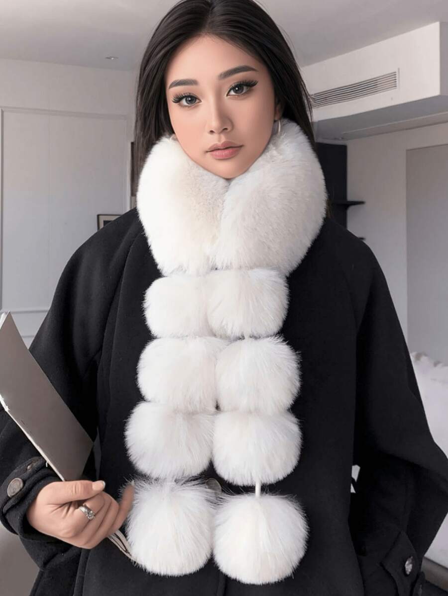 1pc Women Fluffy Scarf, Comfortable Thick Warm Neck Warmer, Versatile Pom Pom Scarf For Winter For Dress