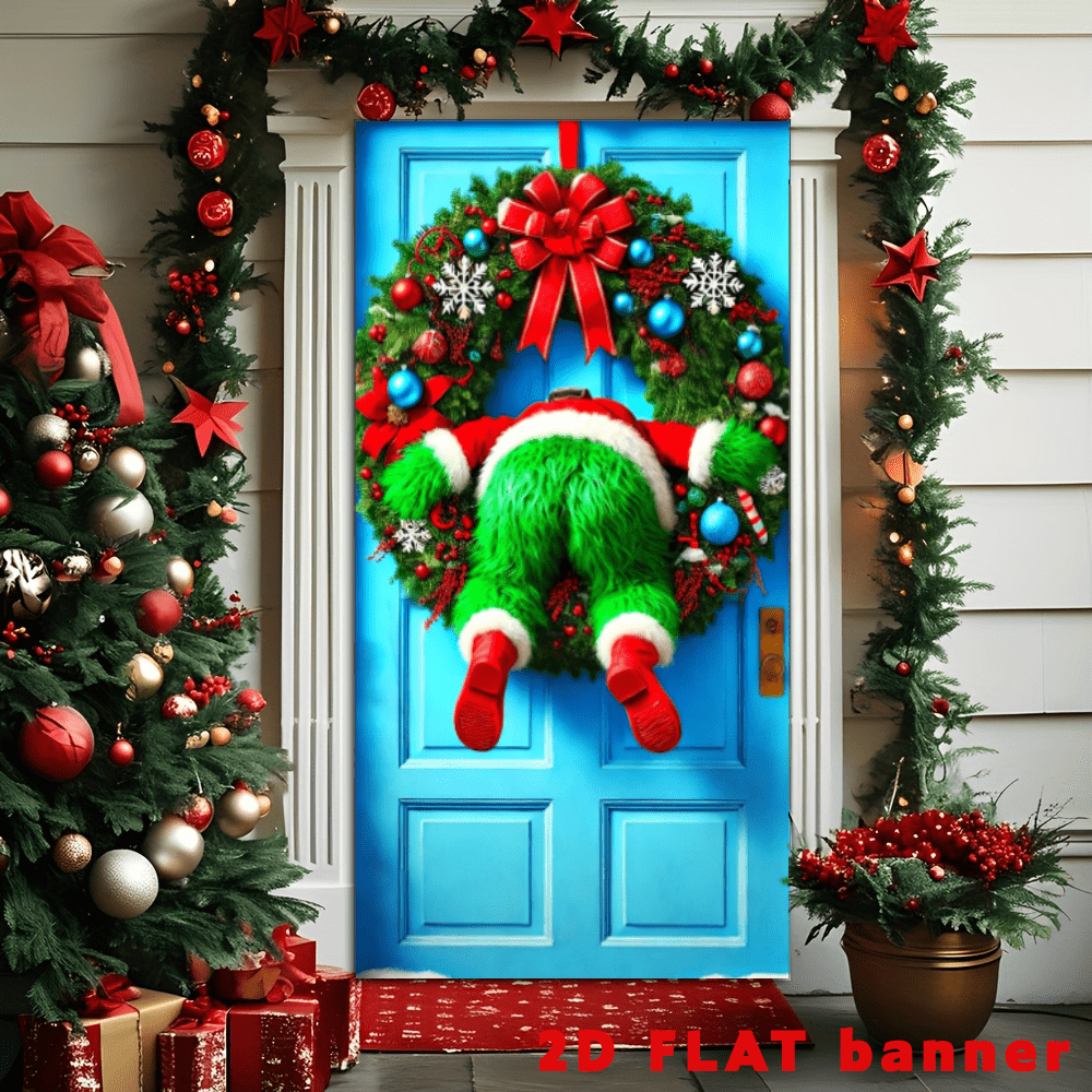 1 pieza, Cubierta de puerta de corona de Navidad, diseño festivo, personajes verdes peludos atrapados en la corona, muy adecuado para la entrada, la habitación, decoración colgante de múltiples usos, tela de fondo para cabina fotográfica de Navidad feliz - Decoración de fiesta y evento multifuncional para interiores y exteriores - Fibra de poliéster, sin electricidad requerida, muy adecuado para la decoración navideña