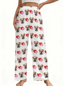 Customized Photo & Bulldog Face With Heart Pattern Pajama Set (Unisex) - Personalized Face & Red Heart Design, Soft Machine Washable Loungewear, Anniversary Valentine's Day Gift, Casual Suit, Funny Pattern, Comfortable Fit - White - View 6
