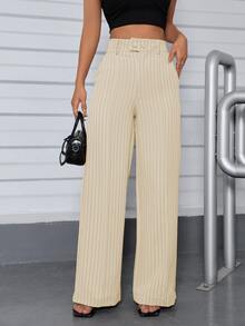A&DD MODA, REF: H928 Women's Striped Pants, High Waist Pants, Casual Straight Pants, Wide Leg Pants, Elegant Casual Look, Everyday Pants, Modern Style, Women's Striped Pants, Comfortable And Sophisticated Look, Work Pants, Uncomplicated Look, Light Fabric Pants, Comfortable Women's Pants - 奶油色 - 查看 4