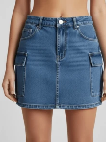 Women's Cargo Jeans Mini Skirt - 中等水洗藍 - 查看 1