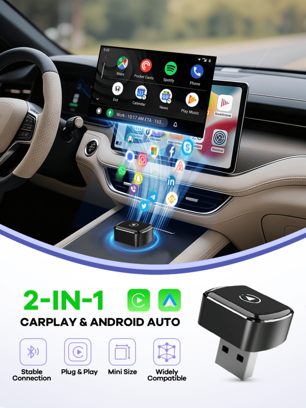 REMAX 2 In 1 Wireless Carplay Adapter Compatible With Apple CarPlay & Android Auto; Mini Size; Plug & Play; Car Play Wireless Adapter Compatible With IPhone IOS 6+, Android 11+, Fast And Stable Connection; Car Accessories, Super Practical Car Stuff