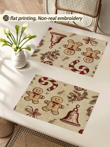 1 pieza Camino de mesa con estampado de hombre de jengibre tipo bordado en 2D, decoración de árbol de Navidad, 1 pieza Camino de mesa, 4 piezas Individuales, 1 pieza Funda de cojín, 3 productos disponibles, decoración del hogar de temporada para invierno, Navidad, fiesta interior/exterior, decoración de habitación navideña, suministros para fiesta de Navidad - Multicolor - Ver 5