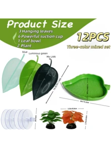 12 piezas Decoración de recipiente de vidrio para reptiles y animales acuáticos, accesorios para ranas arbóreas y serpientes, adecuado para: plataforma de tomar el sol para tortugas, juguetes para trepar en la pared para lagartos y geckos, decoración de hábitat para peces de acuario y camarones - con tazón de alimentación y ventosa para plantas