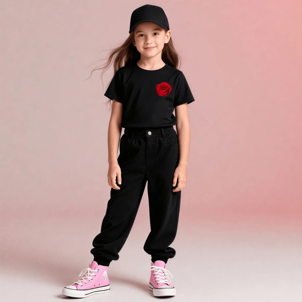 Camiseta Infantil Manga Curta Estampada Emblema Flor Vermelha 100% Algodão Premium Camisa Infantil Unissex - Preto - Visão 1
