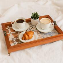 Bandeja Decorativa Cantinho do Café Grande Retangular Rustica Madeira Cerâmica Bandeija Cozinha Chá