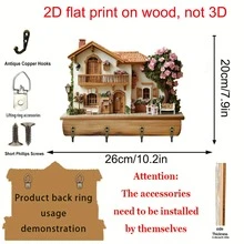 2D 平面，1 件乡村风格木制多功能家用钥匙架，带 4 个金属挂钩，墙壁装饰，门廊装饰，房间装饰，别墅装饰，四季家居装饰，2D 平面印刷工艺品（附产品视频，请先观看） - A - 查看 13