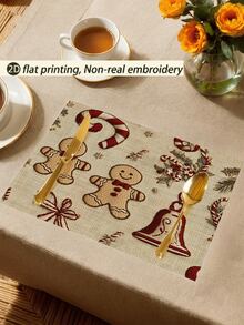 1 pieza Camino de mesa con estampado de hombre de jengibre tipo bordado en 2D, decoración de árbol de Navidad, 1 pieza Camino de mesa, 4 piezas Individuales, 1 pieza Funda de cojín, 3 productos disponibles, decoración del hogar de temporada para invierno, Navidad, fiesta interior/exterior, decoración de habitación navideña, suministros para fiesta de Navidad - Multicolor - Ver 6