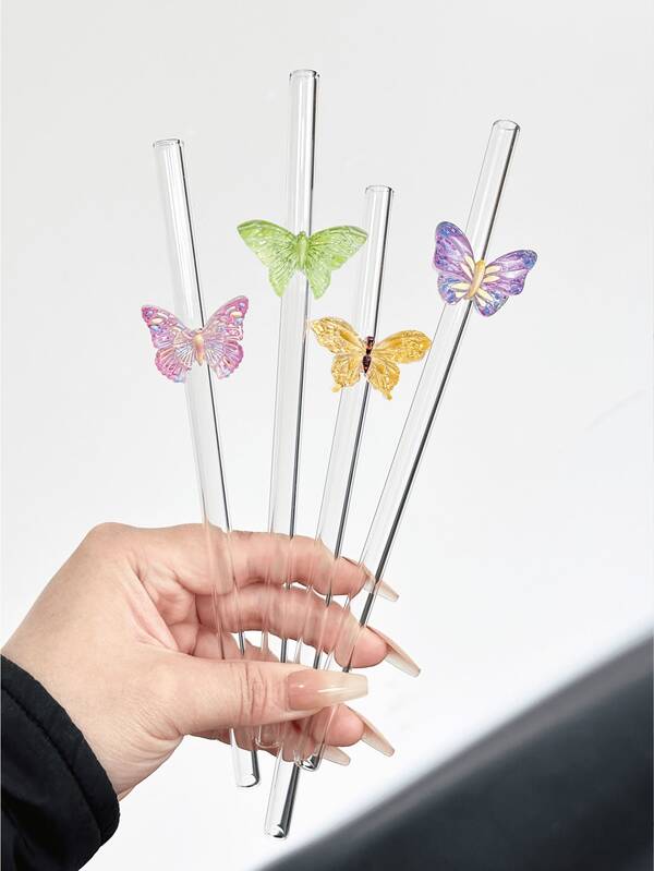1pc Cartoon Butterfly Glass Straw, Transparent Smoothie Milk Tea Juice Milkshake Cocktail Cold Drink Party Colored Cartoon Butterfly Head Bent Glass Straw, Reusable