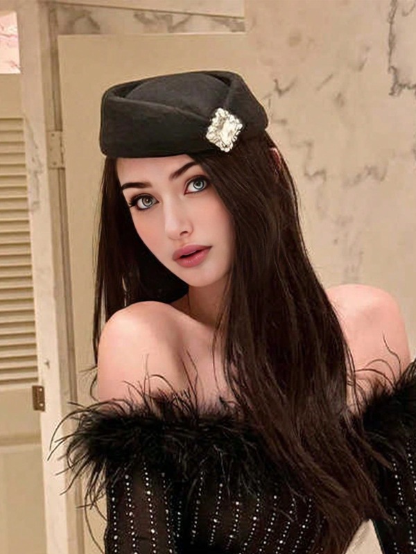 1pc Women's British Style Autumn/Winter Hat, Large Circumference Felt Hat With Rhinestones, High-End Chic Mini Hat, Suitable For Outdoor, Dating, Party, Dinner, Daily Wear