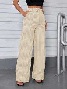 A&DD MODA, REF: H928 Women's Striped Pants, High Waist Pants, Casual Straight Pants, Wide Leg Pants, Elegant Casual Look, Everyday Pants, Modern Style, Women's Striped Pants, Comfortable And Sophisticated Look, Work Pants, Uncomplicated Look, Light Fabric Pants, Comfortable Women's Pants - 奶油色 - 查看 1