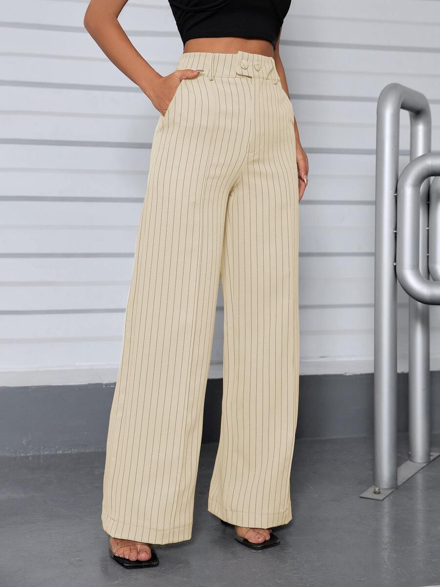 A&DD MODA, REF: H928 Women's Striped Pants, High Waist Pants, Casual Straight Pants, Wide Leg Pants, Elegant Casual Look, Everyday Pants, Modern Style, Women's Striped Pants, Comfortable And Sophisticated Look, Work Pants, Uncomplicated Look, Light Fabric Pants, Comfortable Women's Pants - 奶油色 - 查看 1