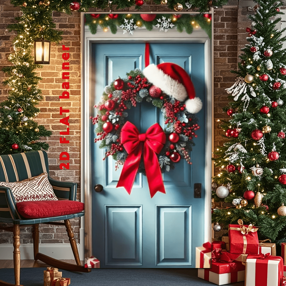 2D flacher Weihnachtshut Feiertags-Kranz mit roter Schleife - Multifunktionale Türbehang für Weihnachten und saisonale Dekoration, geeignet für Standardtüren, Polyester