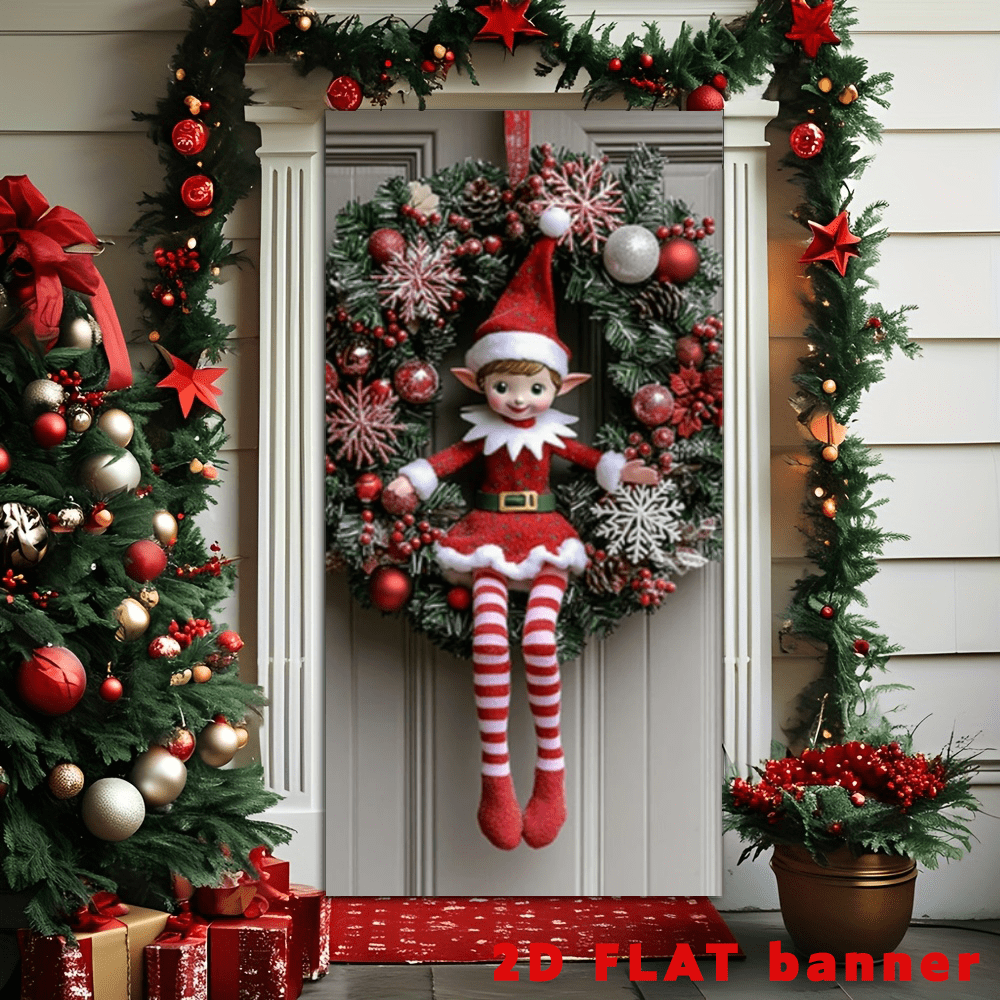 1 Letrero de puerta de hada navideña para la temporada festiva - Decoración de corona de poliéster moderna, sin plumas - Decoración navideña para interiores y exteriores, adecuada para accesorios de fotomatón y suministros para fiestas