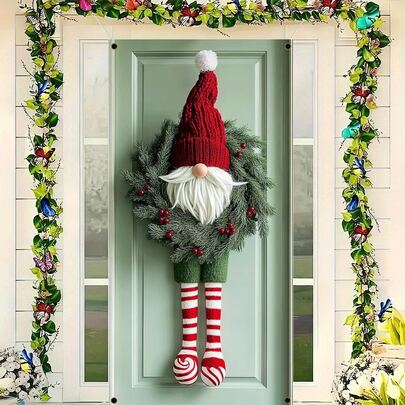 1pc Charming Gnome Door Banner, Polyester Christmas Wreath With Santa Hat And Striped Legs, Holiday Indoor/Outdoor Decor, No Electricity Needed
