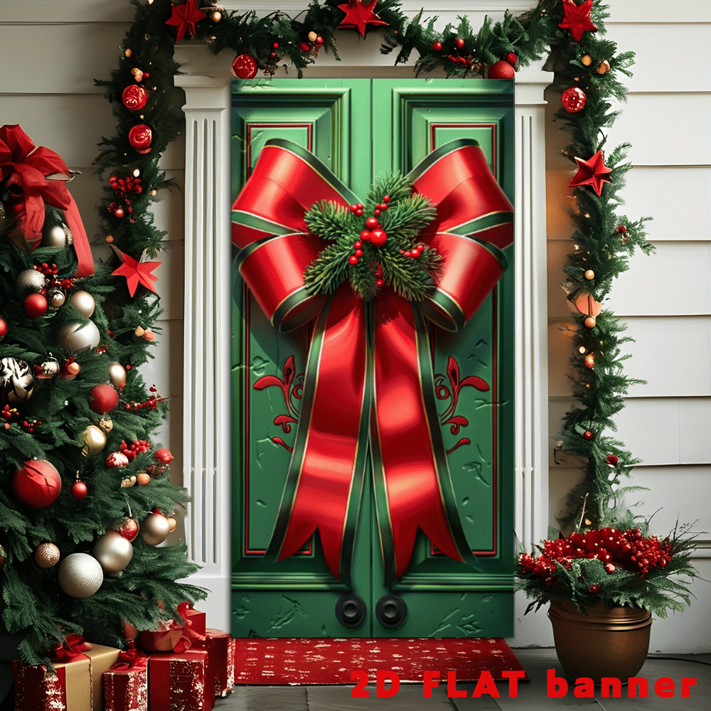 Cubierta de puerta navideña con diseño de caja de regalo - 89,92 cm x 179,83 cm de poliéster para decoración navideña, sin necesidad de alimentación eléctrica, muy adecuada para el hogar y fiestas, telón de fondo de cabina fotográfica de Feliz Navidad - Decoración multifuncional para fiestas y eventos tanto en interiores como exteriores - Fibra de poliéster, sin necesidad de alimentación eléctrica, muy adecuada para la decoración navideña