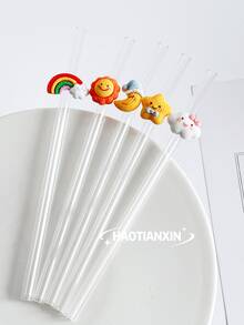 1pc Cartoon Sky Design Reusable Glass Straw, Transparent Smoothie, Bubble Tea, Juice, Milk, Cocktail Drinking Straw For Cold Beverages, Party