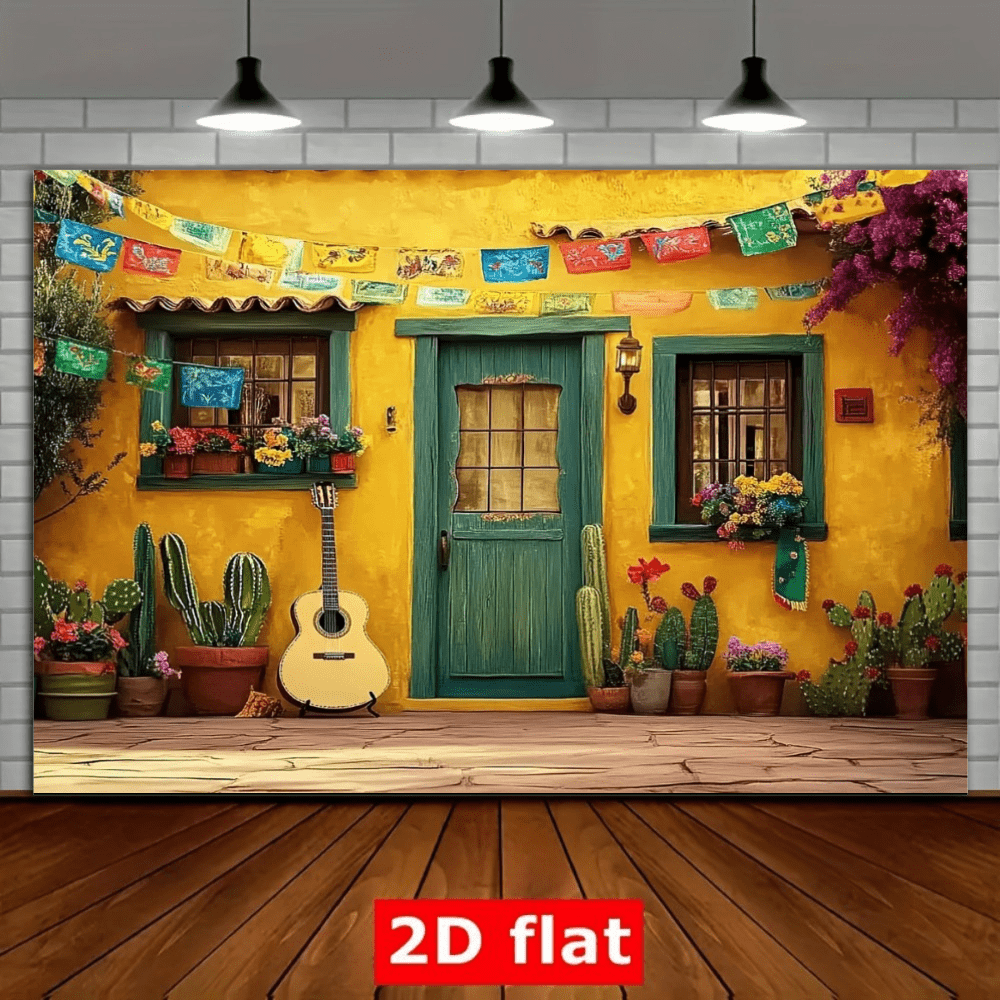 1 flaches, lebendiges mexikanisches Party-Hintergrundmotiv mit bunten Straßenszenen, mit Kakteen und Liebeslieder, Polyester-Dekorationsbanner, geeignet für vielfältige Innen- und Außenanwendungen wie Geburtstage, Hochzeiten, Valentinstag usw.