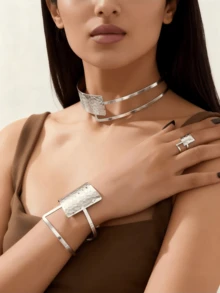 1 Set Of 3 Pcs Luxury Bohemian Necklace, Bracelet, Ring Stainless Steel Jewelry Set, Fashion Versatile High-End Jewelry Suitable For Women, Couples, Banquet, Party, Daily Wear - Yellow Gold - View 3