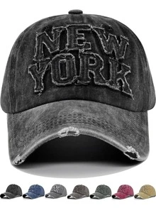 1pc New York Washed Baseball Cap, Unisex Fashion Retro Sun Hat, Adjustable Outdoor Sunshade Hat, Y2K Style Distressed Curved Brim Cap