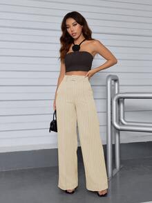 A&DD MODA, REF: H928 Women's Striped Pants, High Waist Pants, Casual Straight Pants, Wide Leg Pants, Elegant Casual Look, Everyday Pants, Modern Style, Women's Striped Pants, Comfortable And Sophisticated Look, Work Pants, Uncomplicated Look, Light Fabric Pants, Comfortable Women's Pants - 奶油色 - 查看 5