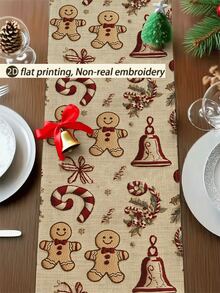 1 pieza Camino de mesa con estampado de hombre de jengibre tipo bordado en 2D, decoración de árbol de Navidad, 1 pieza Camino de mesa, 4 piezas Individuales, 1 pieza Funda de cojín, 3 productos disponibles, decoración del hogar de temporada para invierno, Navidad, fiesta interior/exterior, decoración de habitación navideña, suministros para fiesta de Navidad - Multicolor - Ver 2