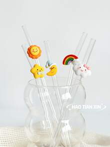1pc Cartoon Sky Design Reusable Glass Straw, Transparent Smoothie, Bubble Tea, Juice, Milk, Cocktail Drinking Straw For Cold Beverages, Party