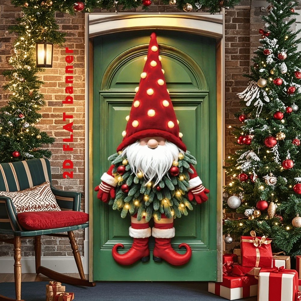 Pancarta de puerta de Feliz Navidad, diseño de enanismo sin rostro - Poliéster duradero, fácil de colgar en la decoración del pórtico delantero durante la temporada navideña, tela de fondo para photocall de Feliz Navidad - Decoración multifuncional para fiestas y eventos tanto en interiores como exteriores - Fibra de poliéster, sin electricidad requerida, muy adecuada para la decoración navideña