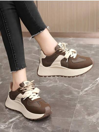 New Women's Thick Sole Sneakers, Breathable Casual Bicolor Platform Thick Bottom Sneakers, Comfortable Lightweight Lace-Up Athletic Shoes, Suitable For All Seasons, Christmas Gift, New Year Gift