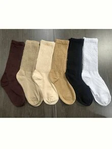 6双装女士秋冬中筒袜，多层针织袜，休闲针织袜，女士踝袜，休闲袜，酒红色，适合情人节，优雅冬日，精致浪漫，保暖家居袜 - 彩色 - 查看 6