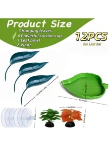 12 piezas Decoración de recipiente de vidrio para reptiles y animales acuáticos, accesorios para ranas arbóreas y serpientes, adecuado para: plataforma de tomar el sol para tortugas, juguetes para trepar en la pared para lagartos y geckos, decoración de hábitat para peces de acuario y camarones - con tazón de alimentación y ventosa para plantas