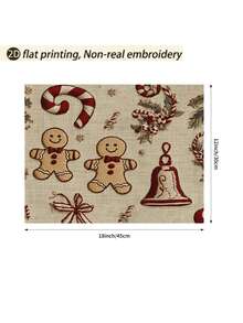 1 pieza Camino de mesa con estampado de hombre de jengibre tipo bordado en 2D, decoración de árbol de Navidad, 1 pieza Camino de mesa, 4 piezas Individuales, 1 pieza Funda de cojín, 3 productos disponibles, decoración del hogar de temporada para invierno, Navidad, fiesta interior/exterior, decoración de habitación navideña, suministros para fiesta de Navidad - Multicolor - Ver 7
