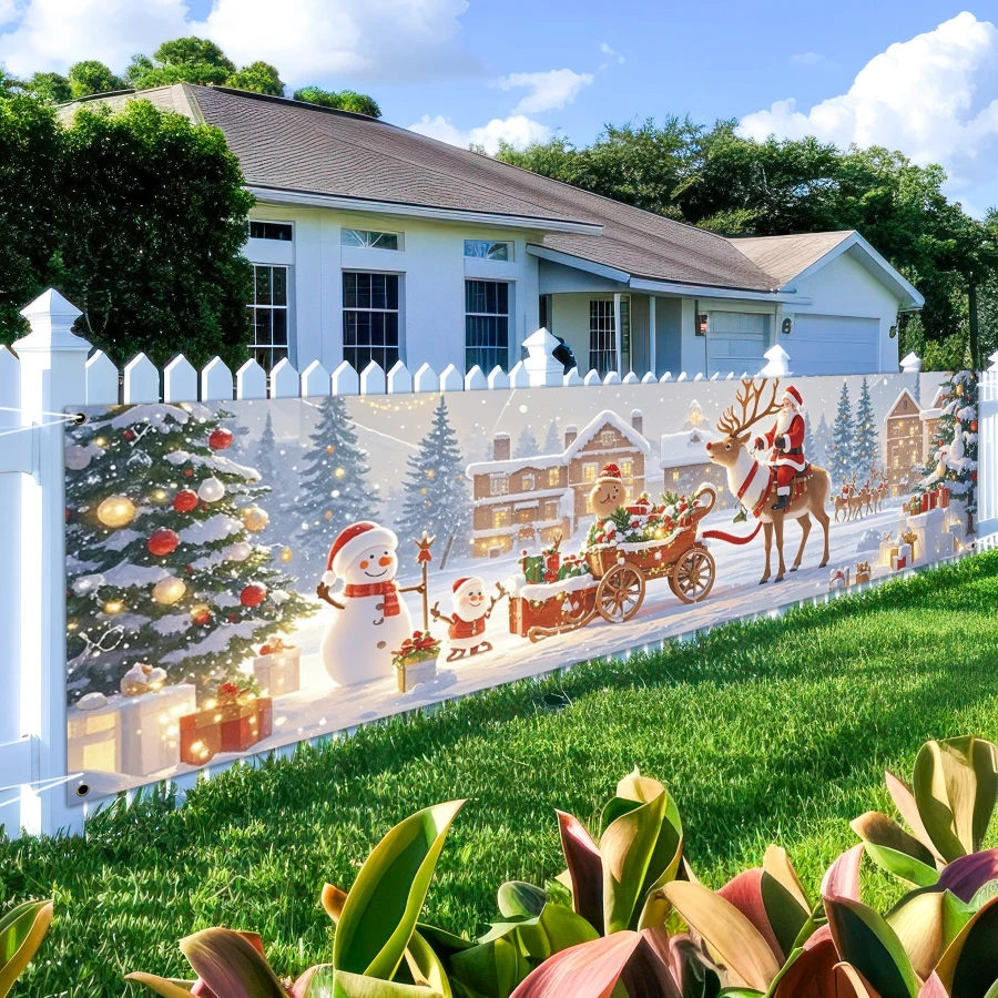 Faixa de poliéster de 45,72 x 200,66 cm com Feliz Natal e Feliz Ano Novo - Design de boneco de neve e trenó, adequada para decoração interna/externa, ótima para cerca de jardim, lareira e pátio - fácil de pendurar, sem necessidade de energia