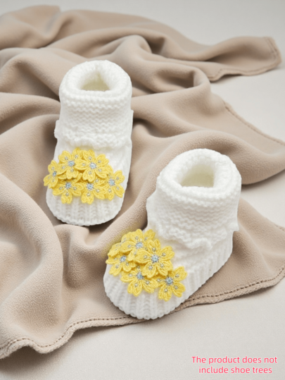 1 Pair Infant Girl Knit Booties, White With Yellow Floral Appliques, Infant Shoes