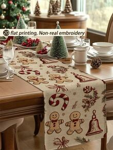 1 pieza Camino de mesa con estampado de hombre de jengibre tipo bordado en 2D, decoración de árbol de Navidad, 1 pieza Camino de mesa, 4 piezas Individuales, 1 pieza Funda de cojín, 3 productos disponibles, decoración del hogar de temporada para invierno, Navidad, fiesta interior/exterior, decoración de habitación navideña, suministros para fiesta de Navidad - Multicolor - Ver 1