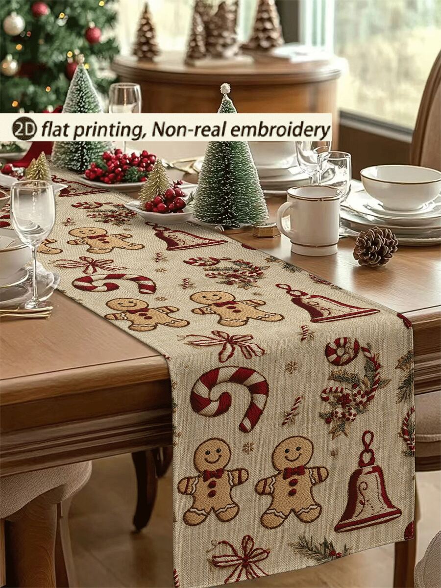 1 pieza Camino de mesa con estampado de hombre de jengibre tipo bordado en 2D, decoración de árbol de Navidad, 1 pieza Camino de mesa, 4 piezas Individuales, 1 pieza Funda de cojín, 3 productos disponibles, decoración del hogar de temporada para invierno, Navidad, fiesta interior/exterior, decoración de habitación navideña, suministros para fiesta de Navidad - Multicolor - Ver 1
